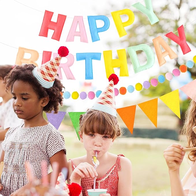 CANREVEL Pre-Strung 3D Happy Birthday Banner, 3 PCS Pastel Felt Garland, Pom Pom Garland, Triangle Fabric Bunting, Reusable Pastel Birthday Decorations for Women Girls