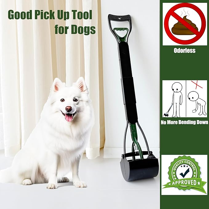 32'' Pooper Scooper for Large Small Dogs Heavy Duty, Long Handle Poop Scoop for Yard, Grass, Gravel, Dog Poop Grabber with High Strength Material and Durable Spring（Dark Green）