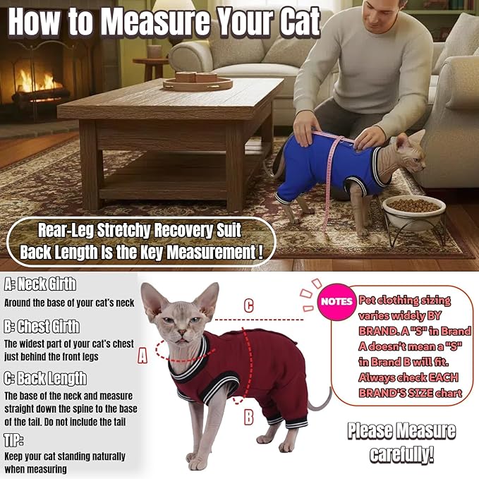 T'CHAQUE Cat Surgery Recovery Suit for Female Male, Cat Onesie Pet Surgical Pajamas Hind Legs Long Sleeve, Abdominal Wound Skin Diseases, E-Collar Alternative, Spay/Neuter Recovery Suit, RoyalBlue-L