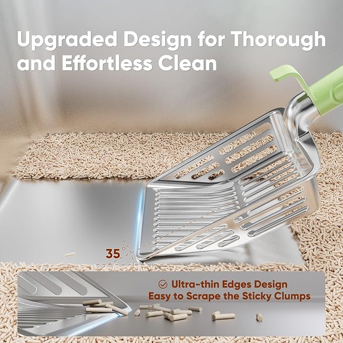 KooMooM Metal Cat Litter Scoop, Large Cat Scooper with Deep Shovel & Dual Sifting Holes for Fast & Precise Sifting, Space Aluminum Kitty Litter Scooper with Long Handle & Easy-to-Hang Hook - Mint