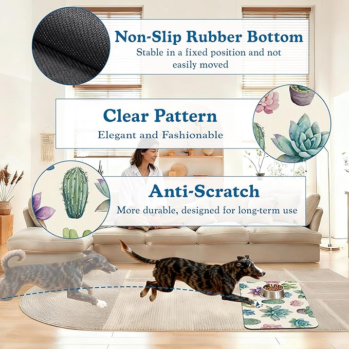 Cactus Flower Pet Feeding Mat for Floors–Absorbent Quick Dry Dog Cat Bowl Mat for Food and Water, Non Slip Waterproof Base, Mess-Free Feeding Accessories 12"x20"