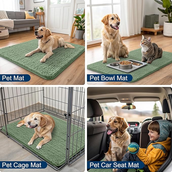 Smiry Dog Door Mat for Muddy Paws 59x24, Absorbs Moisture and Dirt Doormat, Non-Slip Washable Quick Dry Chenille Front Door Mat Indoor Entrance, Entryway Carpet for Inside Floor, Olive Green