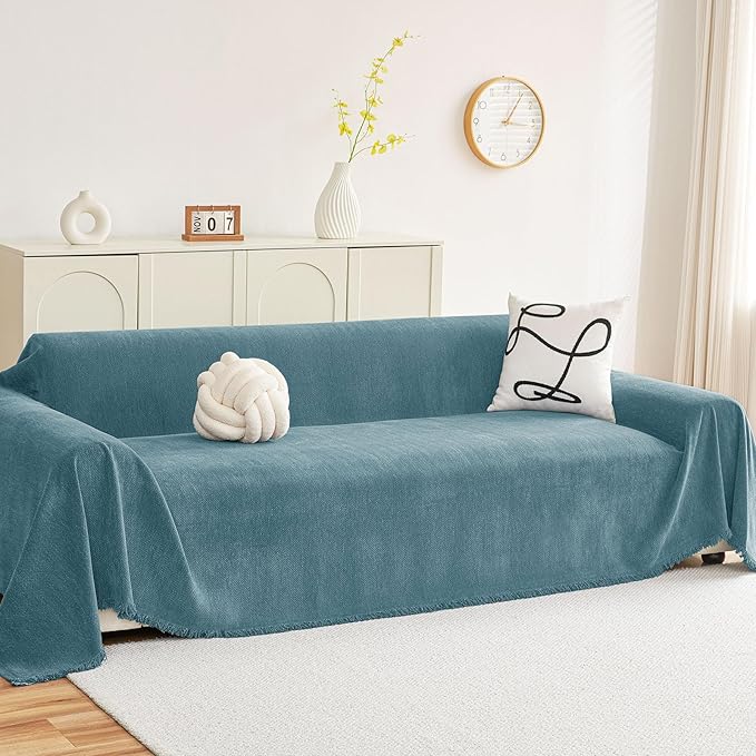 hyha Couch Cover for Dogs, Boho Sofa Covers for 3 Cushion Couch Washable, Chenille Sofa Slipcover for Pets, Soft Loveseat Sectional Couch Throw Blankets with Tassels (Blue, 71x91 Inch)