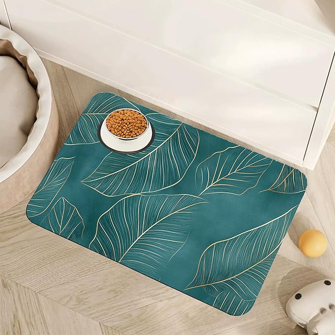 Tropical Palm Leaves Dog Food Mat for Floors,Absorbent Quick-Dry Pet Feeding Mat,Cat Dog Bowl Mats for Food and Water,Non-Slip Pet Accessories Supplies 16"x24"
