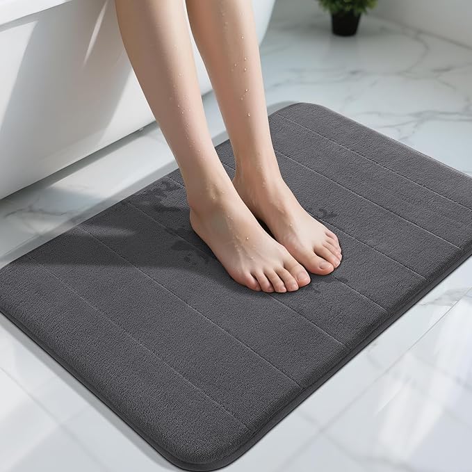 Yimobra Memory Foam Bath Mat, Super Soft Absorbent Bathroom Rug Non Slip 31.5x20 Inch, Quick Dry, Machine Washable Floor Carpet for Tub Shower, Home Decor Accessories, Dark Gray