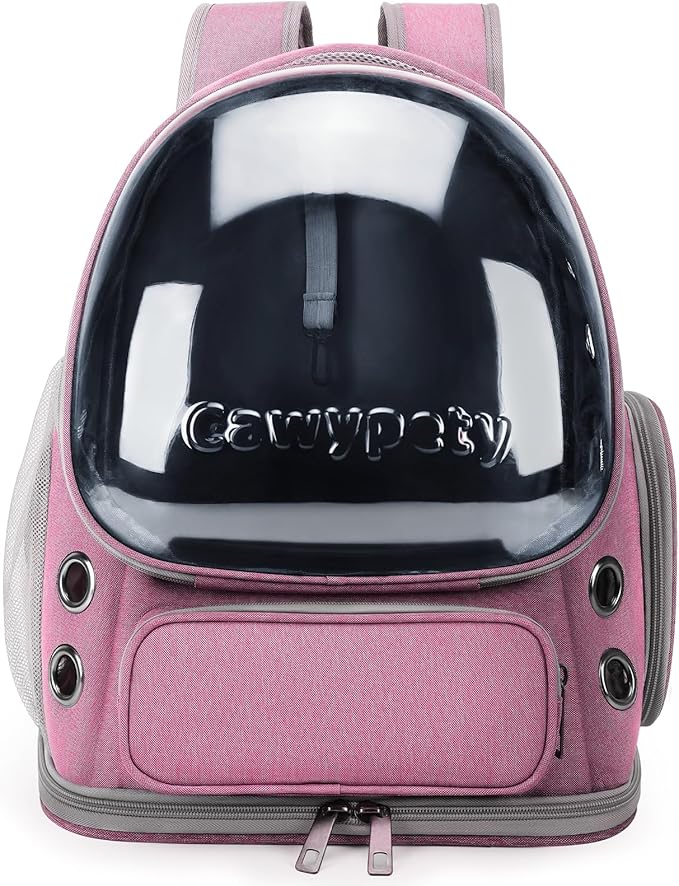 Cawypety Cat Backpack Carrier, Breathable Cat Carrier Large Space Bubble Pet Backpack for Kitty Small Dog up to 12lbs, Transparent & Foldable Pet Carrier for Travel Hiking（Pink）