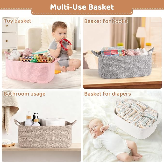 Empty Gift Baskets for Baby Shower, 15.4"L x 11.4"W x 6.7"H Cute Woven Storage Basket with Gift Bags and Ribbons, Small Rope Toy Basket with Handles, Cat Dog Pet Toy Organizer - Small White