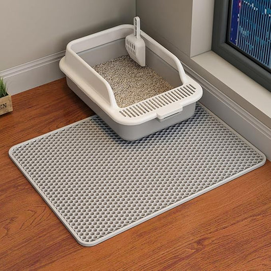 HCY&WLD Cat Litter Mat, 45x26/35x24/30x22/24x18 Inch Double Layer Cat Litter Box Mat, EVA Non-Slip, Waterproof Urine Proof Cat Litter Catcher Mat, Easy Clean Scatter Control (24x18 Inch, Gray)