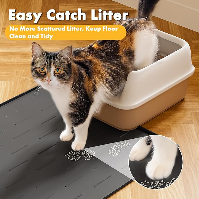 Pieviev Silicone Cat Litter Trapping Mat, 40''x28'' Extra Large Cat Litter Mat, Easy to Clean & Soft on Kitty Paws, Waterproof Kitty Litter Pads for Indoor Cats, Dark Gray