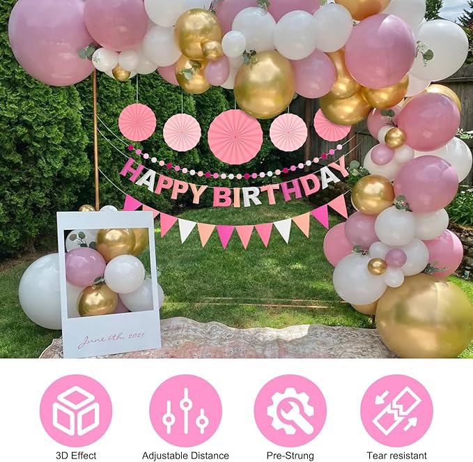 Pre-Strung 3D Felt Happy Birthday Banner, Reusable Pink Birthday Party Decorations for Women, Happy Birthday Sign with Felt Ball Garland, Pennant Flag, Hanging Paper Fans