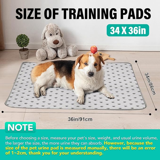 FUWERY Washable Pee Pads for Dogs ,34"X36", Thick Heavy Absorbency Reusable, Prevent Leakage, Non-Slip Pee Pads for Puppy Playpen,Potty Training, Grey, 2 Packs