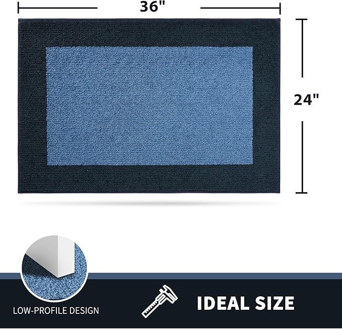 PURRUGS Dirt Trapping Door Mat 24" x 36", Non-Slip Machine Washable Entry Rug, Entrance Mat, Indoor Front Door Mat, Super Absorbent Entryway Rug for Muddy Shoes & Paws, Light Blue & Navy
