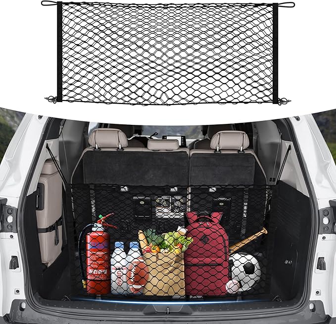 Trunk Cargo Net for Toyota Sienna 2021-2025 2026 Accessories Envelope Style Mesh Trunk Net Organizer and Storage Stretchable Adjustable Elastic Nylon Rear Cargo Netting with Hooks