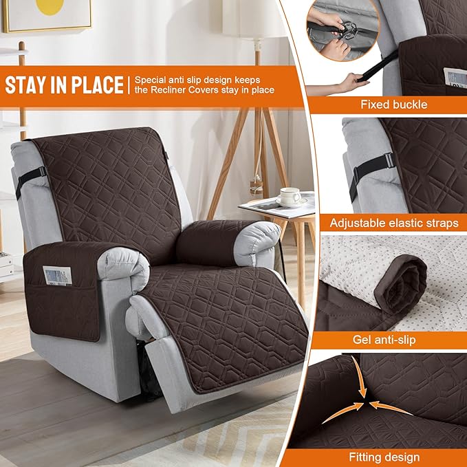 VANSOFY 100% Waterproof Recliner Chair Covers, Recliner Cover Non-Slip Dog Chair Cover Furniture Protector Washable Slipcover with Pocket, Elastic Straps for Pets, Dogs(Chocolate, 25")