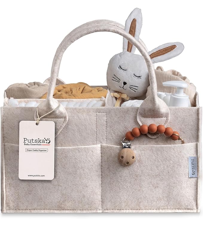 PUTSKA Baby Diaper Caddy Organizer - Nursery Storage Basket for Diaper Station, Baby Basket Shower List and Registry Gift Must-Haves, Newborn Essentials, Nursery Decor for Boy or Girl - Mocha, Large