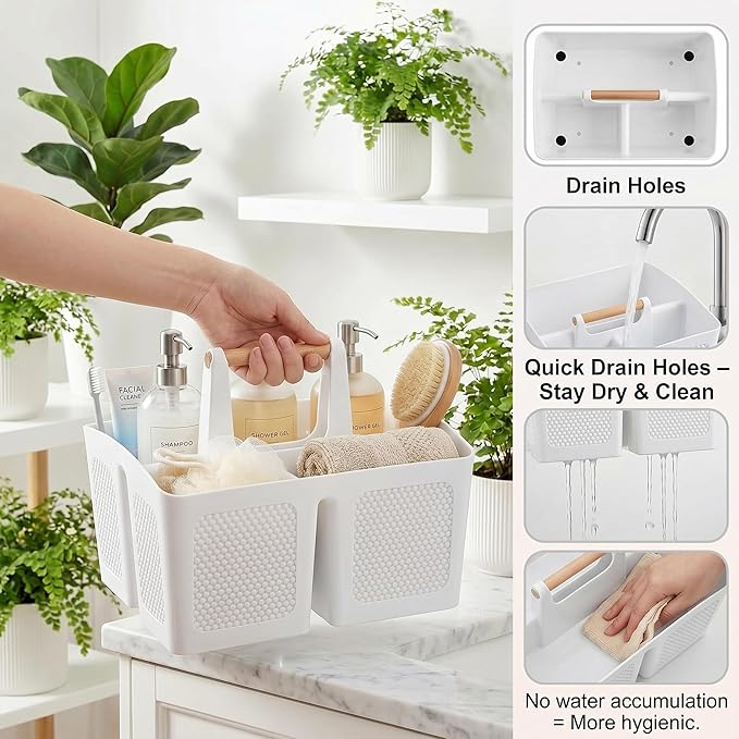 Haundry Plastic White Shower Caddy Basket with 3 Compartments, Portable Divided Bathroom Cleaning Caddy Organizer Storage Tote with Handle for Dorm, College, Room Essentials