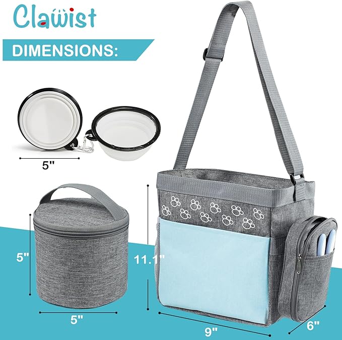 CLAWIST Dog Travel Bag with Treat Pouch, Airline Approved Dog Bags for Traveling, 2 Dog Food Travel Container, 2 Travel Bowls, Weekend Dog Travel Bag for Supplies, Dog Travel Kit Accessories