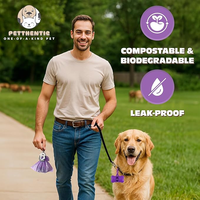 Biodegradeable Dog Poop Bags Rolls with Dispenser & Holder – Scented, Leak-Proof & Eco-Friendly Cornstarch Waste Bags for Dogs & Cats, Strong & Easy to Use, Includes Poop Bag Clip
