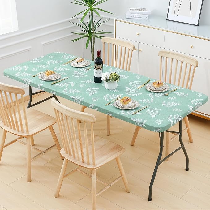 misaya Rectangle Vinyl Tablecloth, Fitted Table Cover, 100% Waterproof, Elastic Edge, Plastic Table Cloth Fit Folding Tables for Picnic, Camping, Outdoor (Light Green Leaves, 36x60 inch)