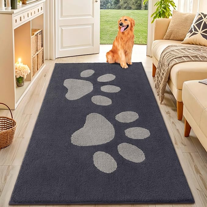 Smiry Dog Door Mat for Muddy Paws, Absorbs Moisture and Dirt, Low-Profile Entryway Mat with Non-Slip Backing, Entry Indoor Outdoor Doormat for Inside Floor (59x35 Inches, Dark Grey, Paw)