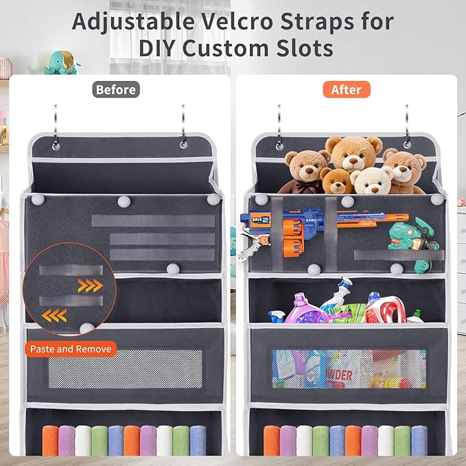 5-Tier Over the Door Storage Organizer with 5 Side Mesh Pockets, 40lbs Large Load Capacity with 2 Hooks Design, Door Hanging Organizer with Clear Windows for Closet Bathroom Bedroom Nursery - Grey