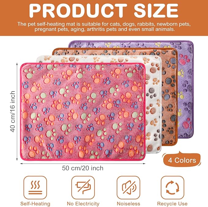 Clysee 4 Pack Self Heating Cat Bed Cat Self Warming Pad with Removable Cover Extra Warm Thermal Pet Pad Washable Pet Crate Mat Anti Slip Kennel for Indoor Outdoor Pets(Dog Paw,16 x 20 Inches)