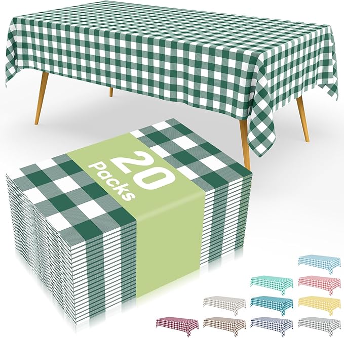 Smiry 20 Packs Gingham Disposable Table Cloth, 54 x 108 Inch Waterproof Plastic Tablecloth, Rectangle Hunter Green and White Checkered Table Covers for Picnic, Birthday, Party