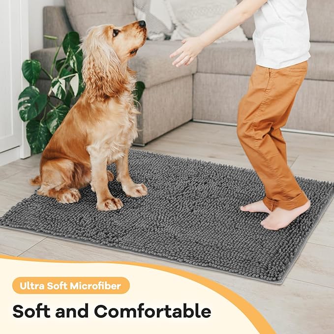 Absorbent Dog Door Mat for Muddy Paws, 60" x 48" Chenille Indoor Mats for Entryway, Trap Dirt Front Door Mat Indoor Entrance Washable Non Slip Soft Dark Grey