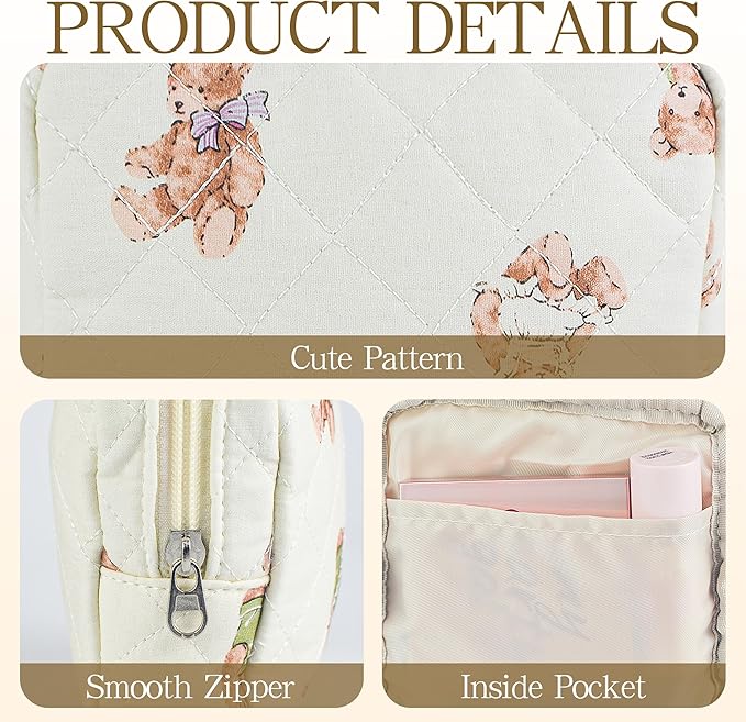 Small Floral Quilted Makeup Bag, Coquette Aesthetic Travel Toiletry Organizer for Women, Lightweight Cotton Cosmetic Pouch