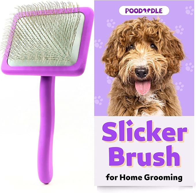 Poodoodle Small Slicker Brush, Purple, Hair Brush for Curly Wavy Haired Dogs - Poodles, Doodles, Bichon, Bernese Mountain Dog, Cocka Spaniels - Detangling, Grooming, Deshedding - 1 inch