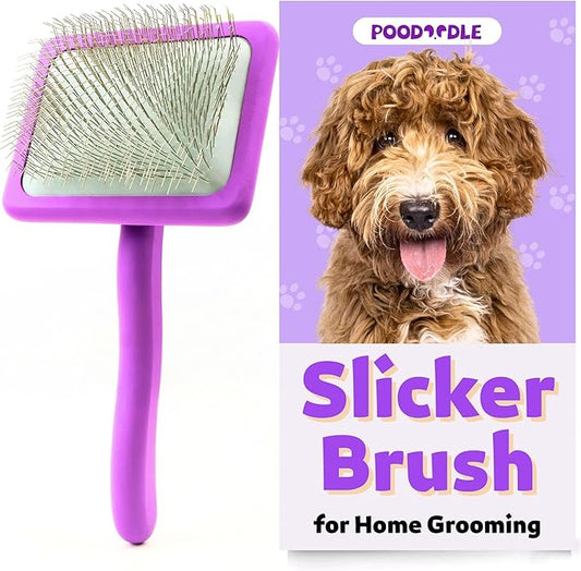 Poodoodle Small Slicker Brush, Purple, Hair Brush for Curly Wavy Haired Dogs - Poodles, Doodles, Bichon, Bernese Mountain Dog, Cocka Spaniels - Detangling, Grooming, Deshedding - 1 inch