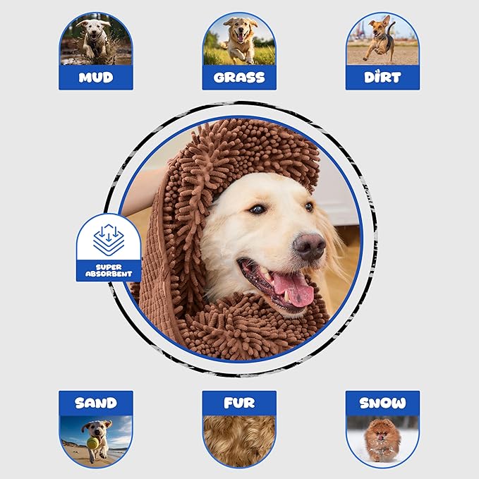 Microfiber Dog Bath Towel – Super Absorbent Dog Towels for Drying Dogs Large & Small, Quick Dry Pet Towel with Hand Pockets, Soft & Durable Puppy Towel, Machine Washable – Coffee