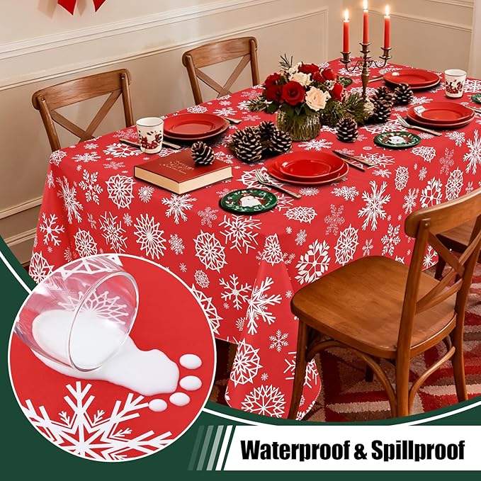 misaya Rectangle Waterproof Vinyl Table Cloth, Wipeable Tablecloth with Flannel Backing, Plastic Table Cover for Dinner, Christmas Party (Red Snowflake, 60" x 102")