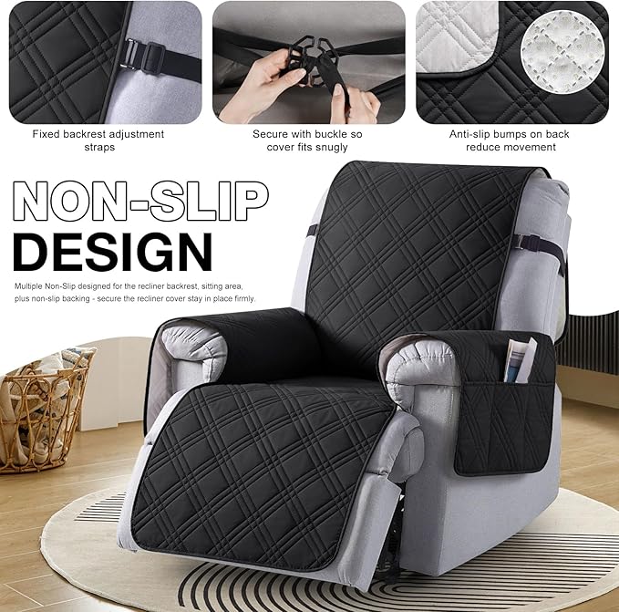 TAOCOCO Waterproof Recliner Chair Covers 30 Inch Wide, Oversized Recliner Covers for Recliner Chair with Pocket, Recliner Slipcovers with Straps Furniture Protector for Kids Pets (30'', Black)