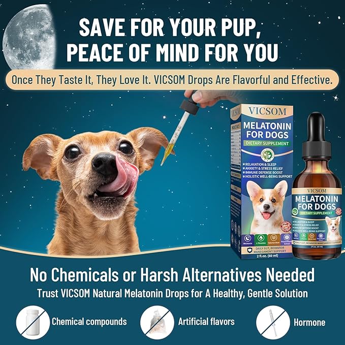 Liquid Melatonin for Dogs, Dog Melatonin with L-Theanine for Small Medium Large Dog Sleep Aid, Stress & Anxiety Relief, Calm Aid for Dogs Puppies, Support Relaxation & Deep Sleep, 60ml