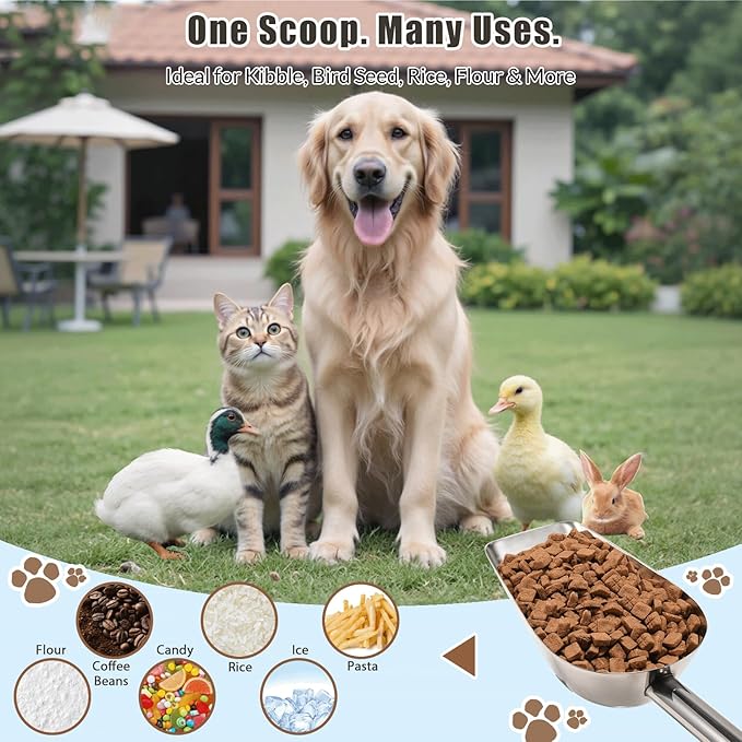 Dog-Cat Food Scoop 3/4 Cup / 6oz, Aloxina Thickened 304 Stainless Steel Pet Food Scoop with Long Handle, Precision Scale, Easy to Clean, Suitable for Wet and Dry Food