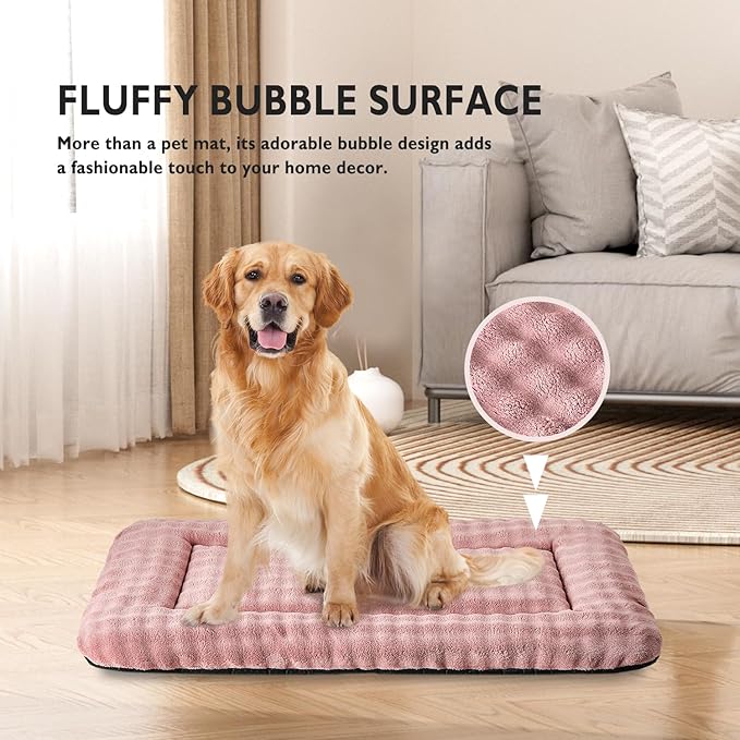 Dog Bed Mat Crate Pad for Large Dogs, Washable Soft Pet Sleeping Mat Kennel Pad with 3D Bubble Pattern, Dusty Pink, 42"x 28"
