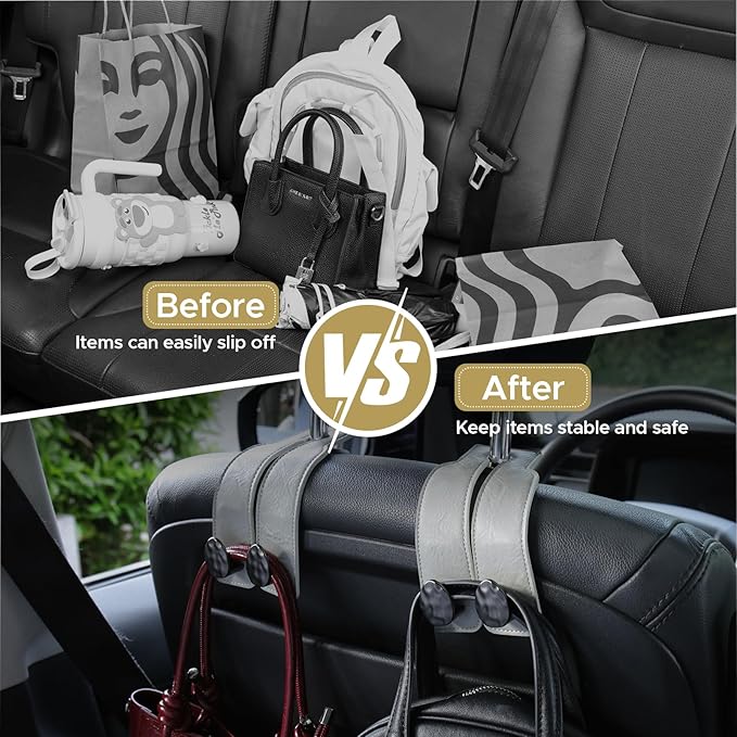 4 PCS Leather Car Seat Hooks for Headrest, Vehicle Hanger Storage Organizer Universal for Handbag Purse, Car Accessories Gift (Grey-Black-4 PCS)