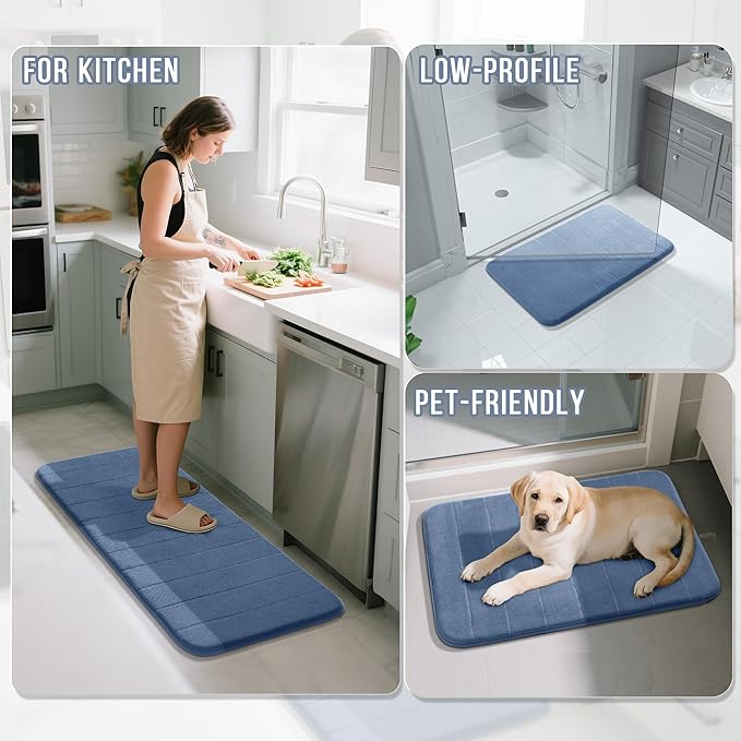 Yimobra Bathroom Runner 55"x24", Non Slip Memory Foam Bath Mat, Super Soft Water Absorbent Hallway Carpet, Machine Washable Rug for Vanity Tub Shower, Denim Blue