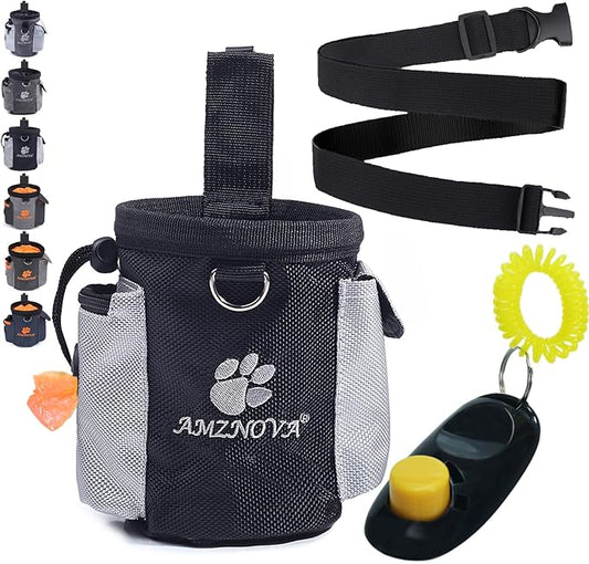 AMZNOVA Dog Treat Bag Treatnow Dog Treat Pouch, Training Pouch with Waist Belt & Clicker for Training & Walking, Waist Clip On Snack Fanny Pack for Pet, 3Cups, Black