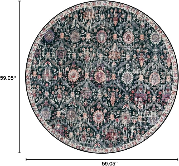 Lahome Moroccan Trellis Washable Round Area Rug, Round Rug 5ft Soft Non-Slip, Non-Shedding Distressed Circle Carpet for Bedroom Living Room Bathroom Nursery Kitchen Elise, Black/Multi