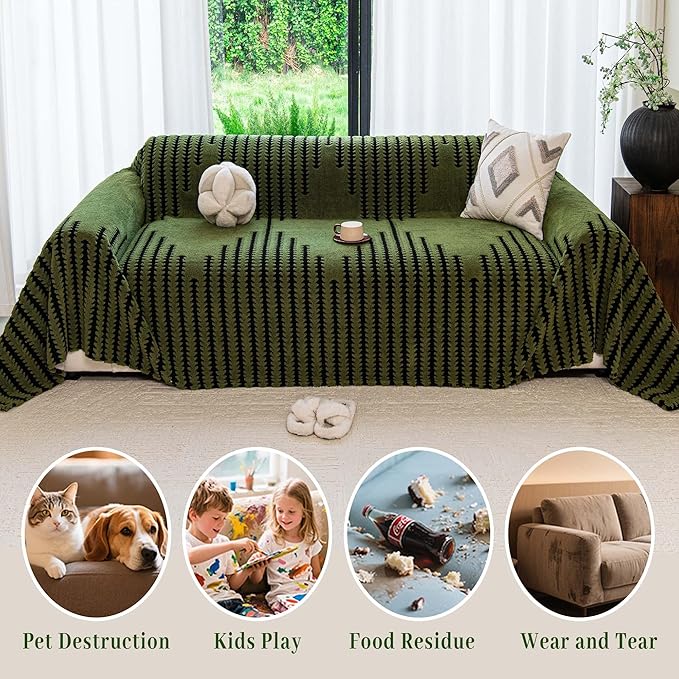 Sherpa Fleece Couch Cover for Dogs Washable Non Slip, Pet Proof Sofa Covers for 3-4 Cushion Couch Heavy Duty Scratch Resistant Pet Friendly Furniture Cover Fits Love Seat 71" x 150", Green