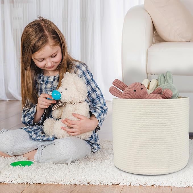XUANGUO Cotton Rope Basket For Girls Boys Kids 16”X14” Baby Laundry Baskets Nursery Bin Round Woven Basket Organizer For Storage Toys Blankets Shoes Clothes white