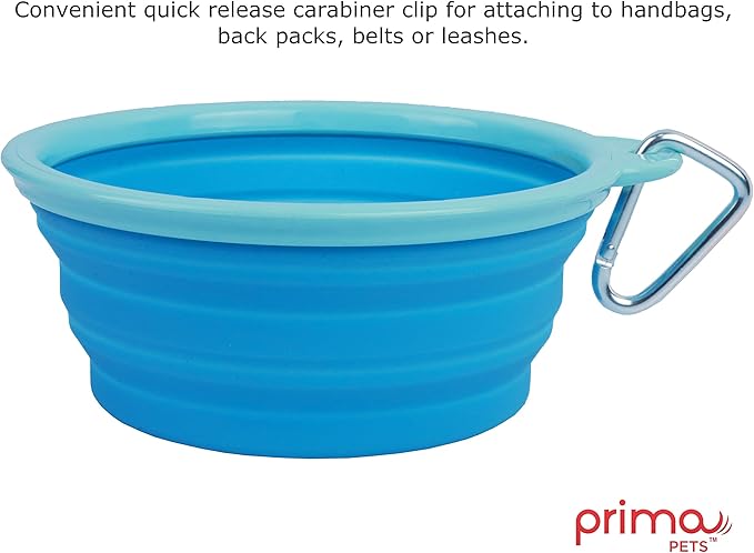 Prima Pet Expandable / Collapsible Silicone Food & Water Travel Bowl with Clip for Medium & Large Dog, Portable and Durable Pop-up Feeder for Convenient On-the-go Feeding, Size: 5 Cups (7 Inch Diameter Bowl) (LARGE (5 CUPS), AQUA)