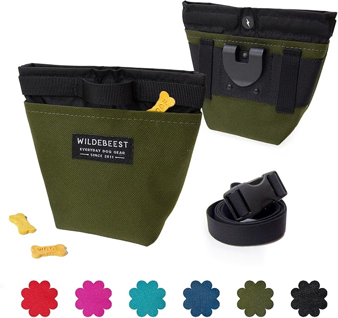 Wildebeest Dog Treat Pouch, Dog Treat Bag, Dog Training Treat Pouch, Dog Travel Bag, Pet Treat Pouch, Magnetic Closure, 2 Water-Resistant Compartments, Detachable Waist Strap & Belt Clip