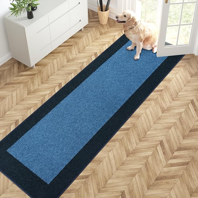 PURRUGS Dirt Trapping Door Mat 24" x 84", Non-Slip Machine Washable Entry Rug, Entrance Mat, Indoor Front Door Mat, Super Absorbent Entryway Rug for Muddy Shoes & Paws, Light Blue & Navy