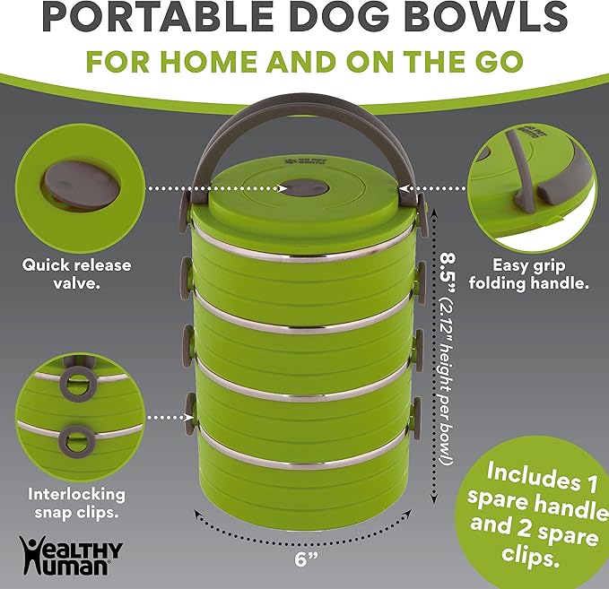 Healthy Human Travel Pet Bento Bowls - Human-Grade Stainless Steel & BPA-Free, Leak-Proof Water & Food Container Set for Dogs & Cats, 4-Pack Interlocking Bowls, Includes Spare Clips & Handle (Green)