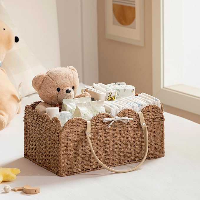 HBlife Large Baby Diaper Caddy, Paper Rope Storage Baskets Nursery Bin with Removable Divider, Portable Car Organizer for Diapers, Baby Shower Gifts, Newborn Essentials Must Haves