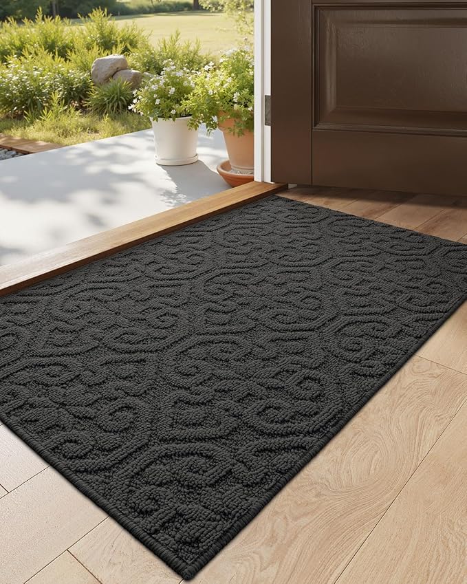 DEXI Front Door Entryway Mat Non Slip, 17x30 Washable Inside Entrance for House Floor Low Profile, Thin Entry Doormat Absorbent Dirt Trapper, Dark Grey