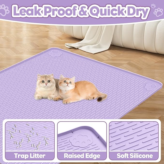 Bartuke Cat Litter Mat, Extra Large 34" x 22" Silicone Mat Litter Trapping Mat for Scatter Control, Soft on Kitty Paws, Easy to Clean (Purple)